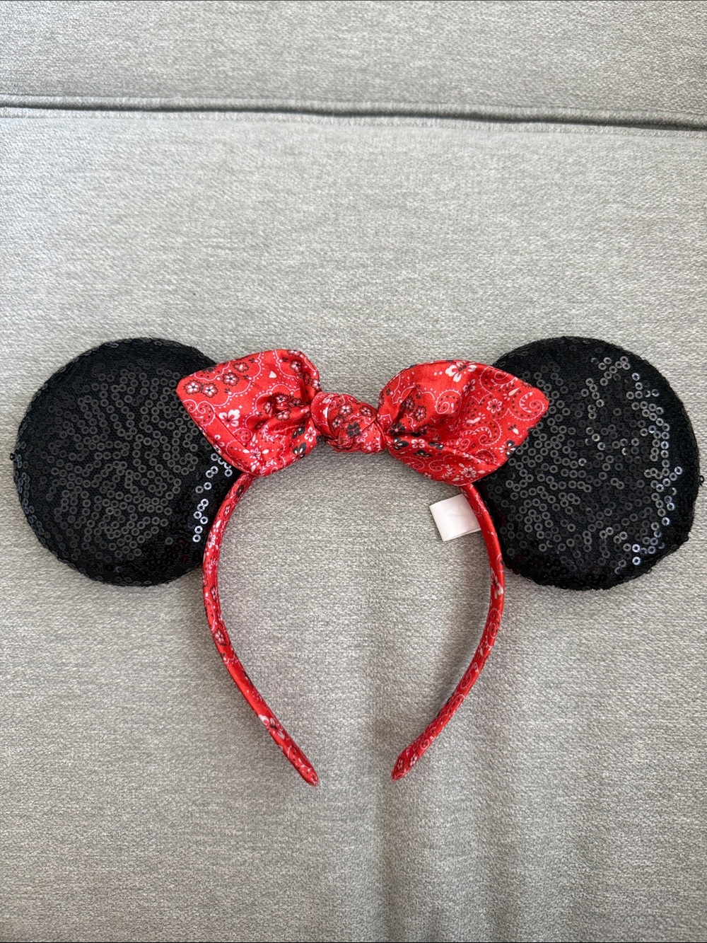 Disney Black Sequin Minnie Ear Headband with Red Paisley Bow
